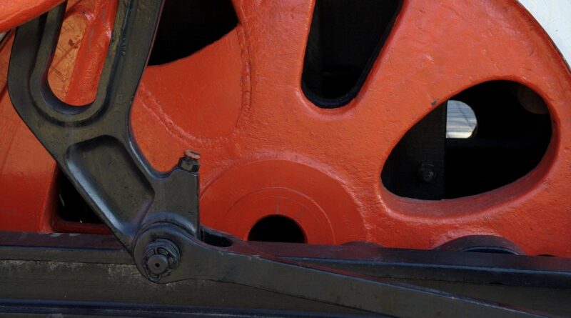 spoke wheel, wheel, railroad, mechanics, machine, museum, red, drive, drive shaft