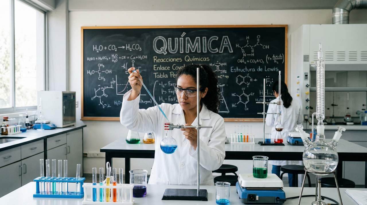 ai generated, laboratory, scientist, chemistry, research, laboratory equipment, safety goggles, experiment, chemistry classroom, science education, experimental work, chemical reaction, high school, colored liquids, equations on board, female dominance, white coat, test tubes, science class, student