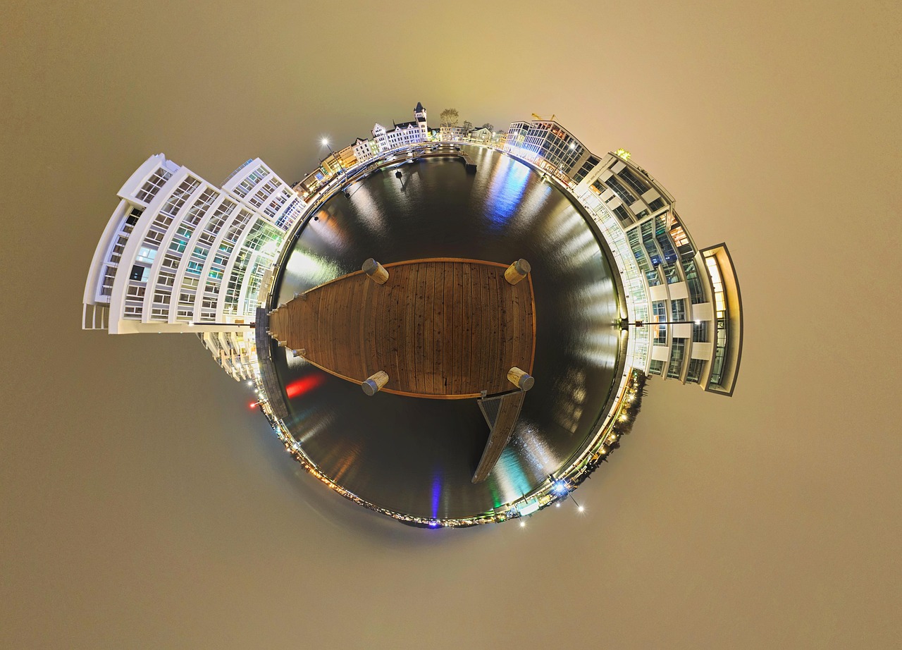 dortmund, phoenix lake, panorama, night, night shot, houses, light, architecture, nature, lake, water, 360 °, little planets, spherical panorama, 360-degree panorama, spherical projection, projection, panoramic shot, 360-degree panoramic shooting, 360-degree recording, photo technology