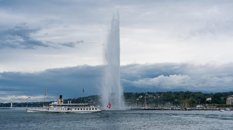 geneva, lake geneva, jet d'eau, fountain, lake, nature, clouds, sunset, evening atmosphere, water, landscape, evening sky, heaven, switzerland