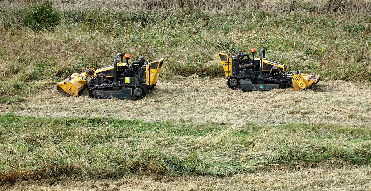 lawnmower, lawn, mower, grass, cut, cutting, two, pair, twins, mowing, field, mow, equipment, back to back, nature, apart, ignore, yellow, black, caterpillar, track, meadow, cutter, machine, trim, landscaping